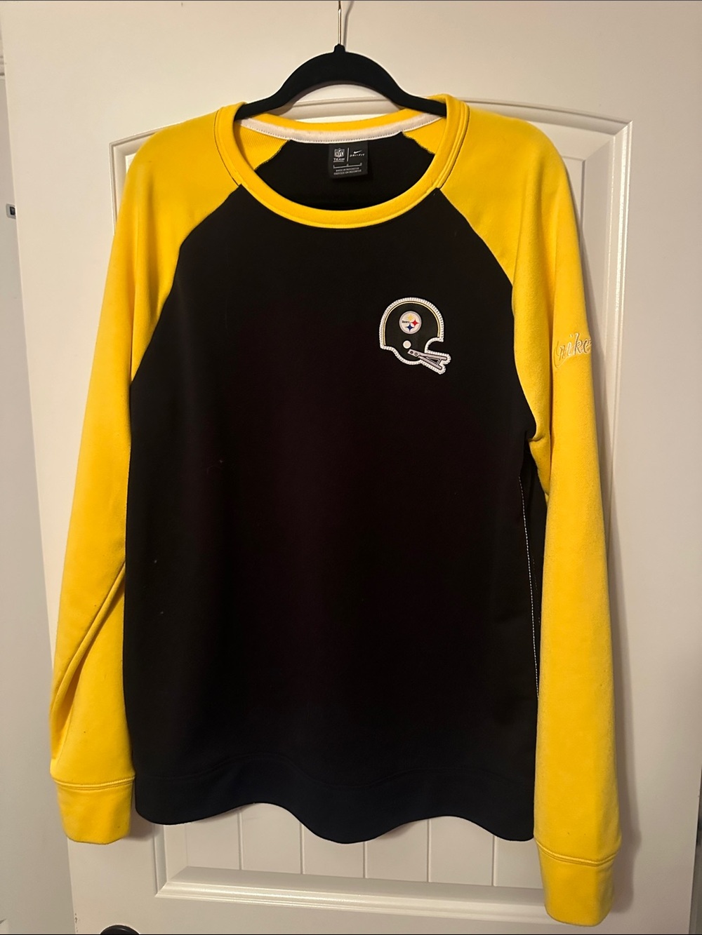 Nike Black and Yellow Raglan Crew Sweatshirt with Helmet Patch